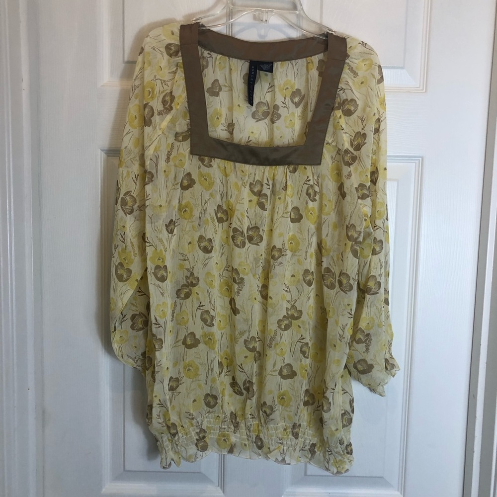 Ashley Judd Floral Square Neck Sheer Neck Blouse  Size XL